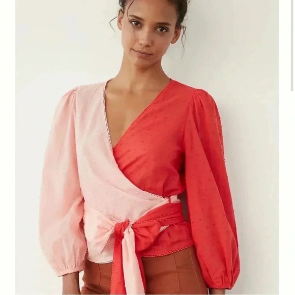 Anthropologie x FARM Rio Wrap Shirt Women's Small Blouse Top Swiss Dot Pink Red - Picture 3 of 7